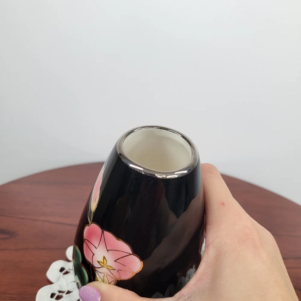 Vintage Andre R. Otagiri Black Bud Vase Crimson Rose Gold‎ Trim Made in Japan